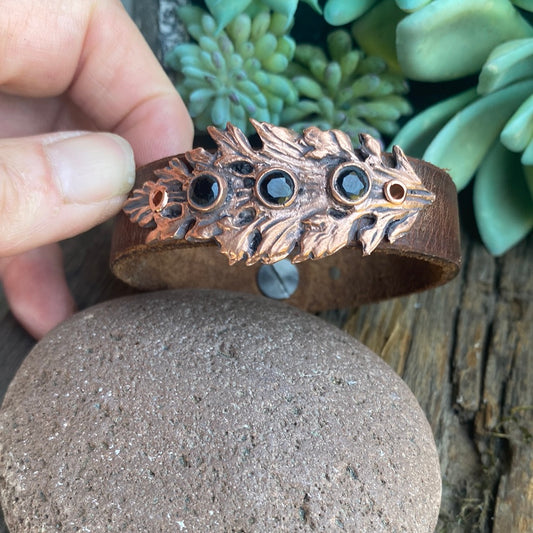 Vintage Leather And Copper Leaf Cuff Bracelet.