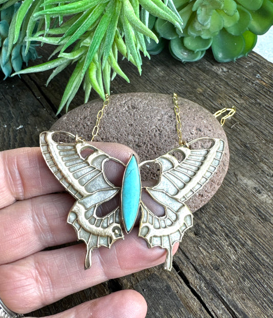 Gold And Silver Bronze Butterfly Necklace With Kingman Turquoise