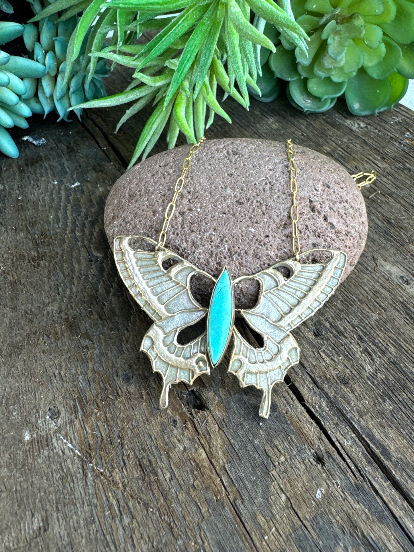 Gold And Silver Bronze Butterfly Necklace With Kingman Turquoise