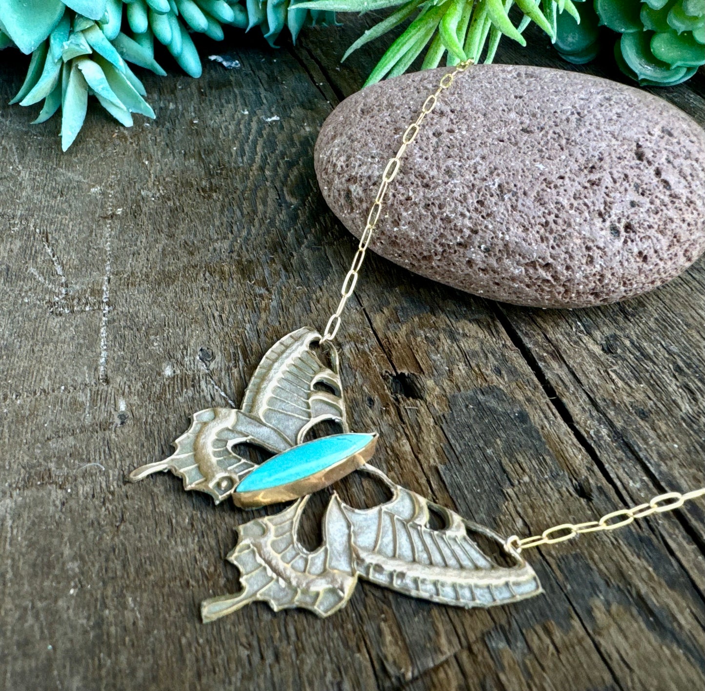 Gold And Silver Bronze Butterfly Necklace With Kingman Turquoise