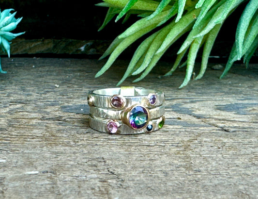 Triple Sterling Silver Stacker Ring With 14k gold-filled accents, Mystic Topaz, Emerald, Amethyst, Moissonite and Tourmaline