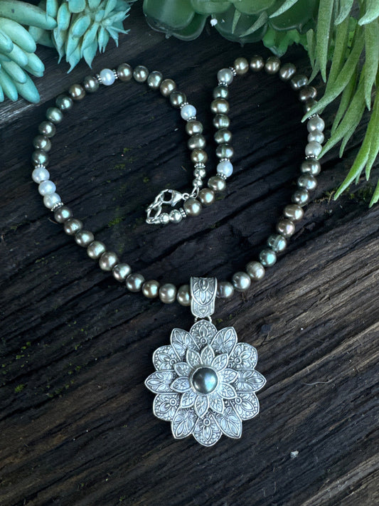 Guardian Of The Sea - Black Pearl Medallion Necklace.