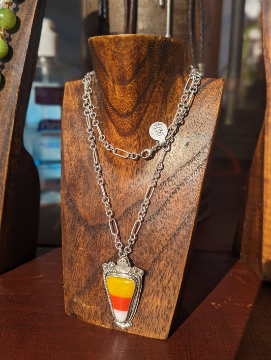 Sterling Silver Fused Glass Candy Corn Halloween Theme Necklace