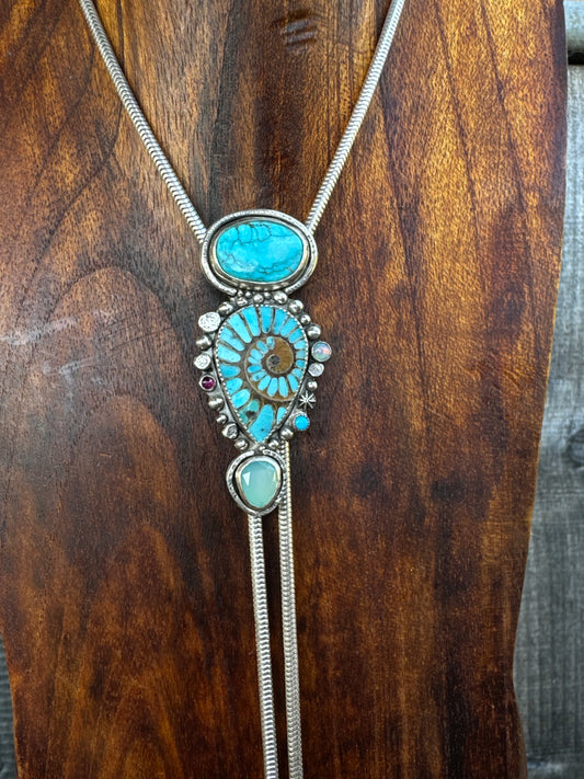 Turquoise Inlay Ammonite With Kingman Turquoise, Green Chalcedony, Opal And Ruby Bolo Style Necklace - Bolo Tie