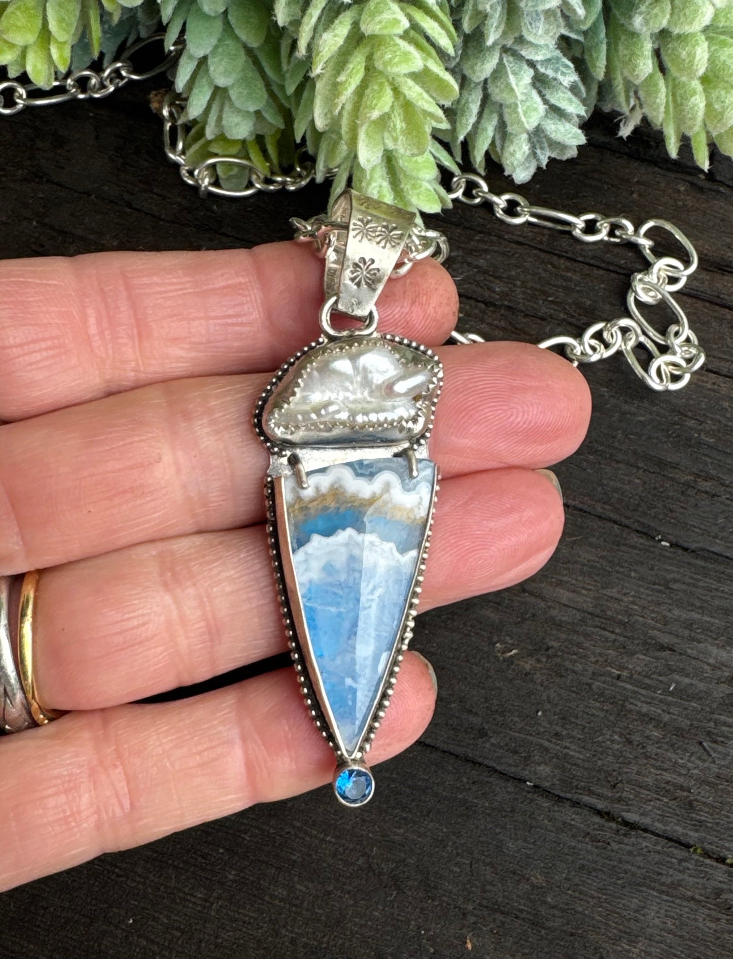 Blue Sky Agate, Pearl And topaz Cloud Necklace