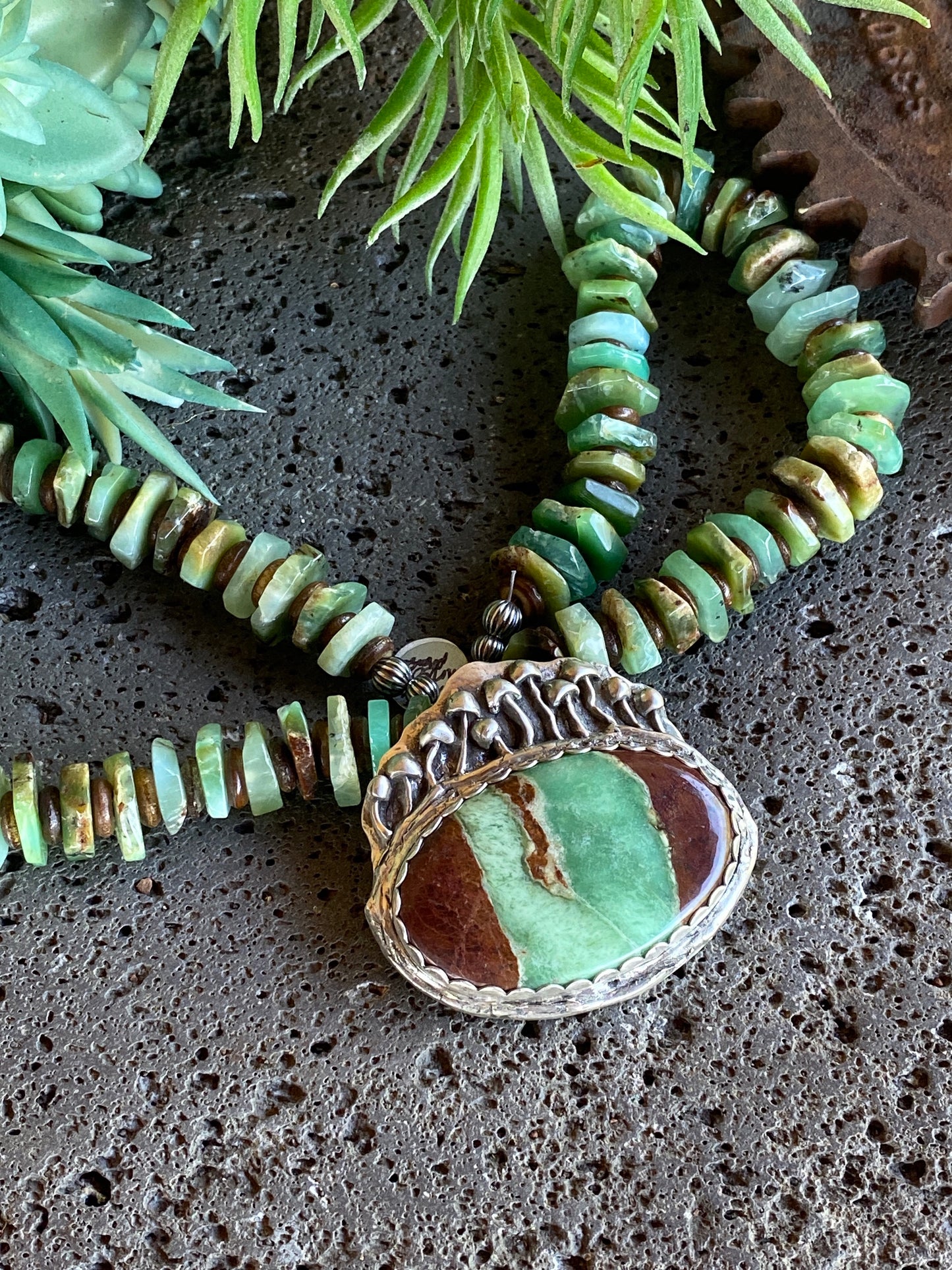 Sterling Silver And Chrysoprase Wild Mushroom Bloom Necklace