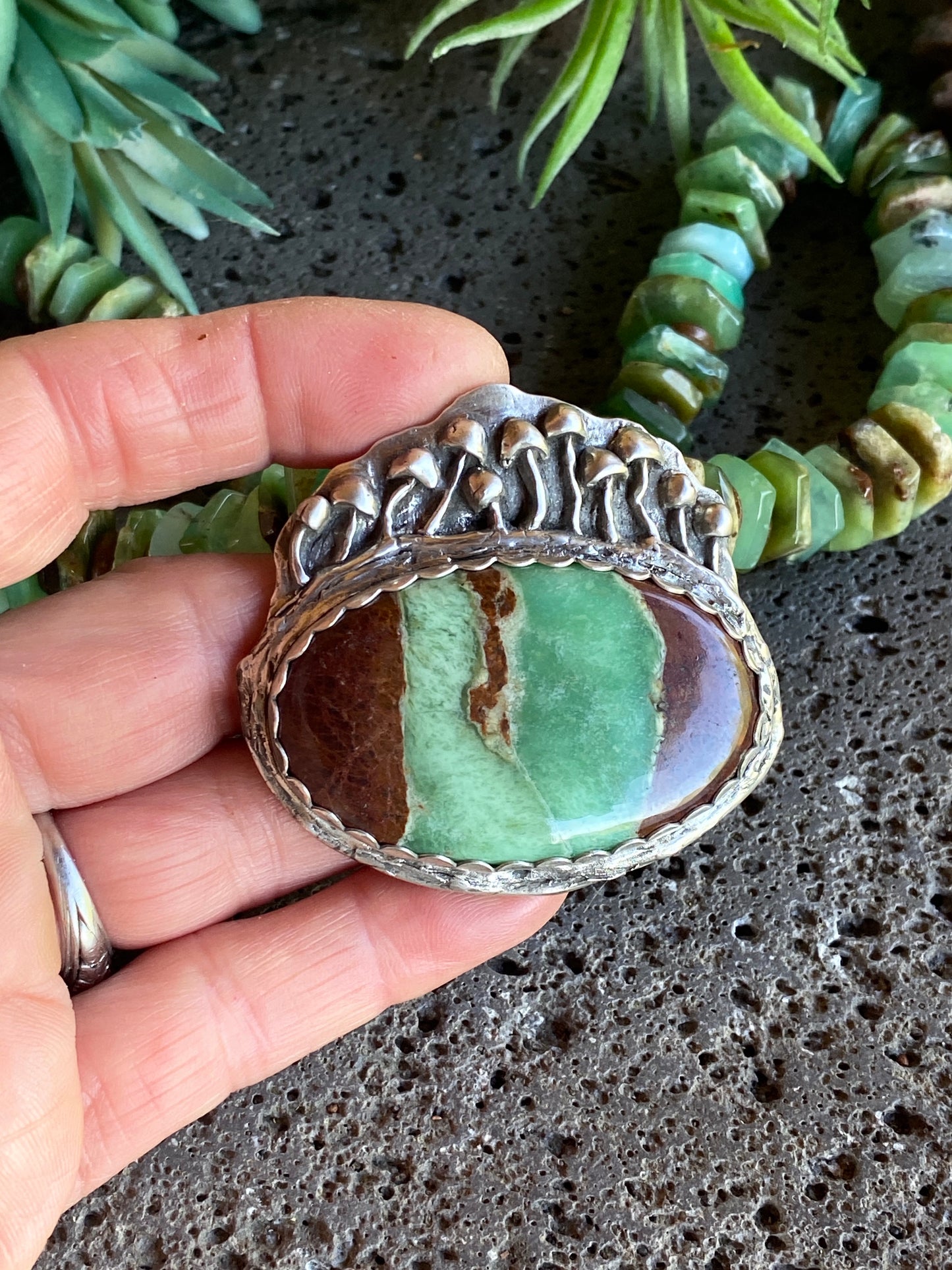 Sterling Silver And Chrysoprase Wild Mushroom Bloom Necklace