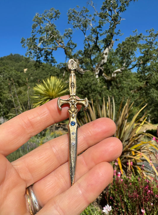 Dagger Necklace - Gold Bronze Dagger With Sapphire And Topaz.