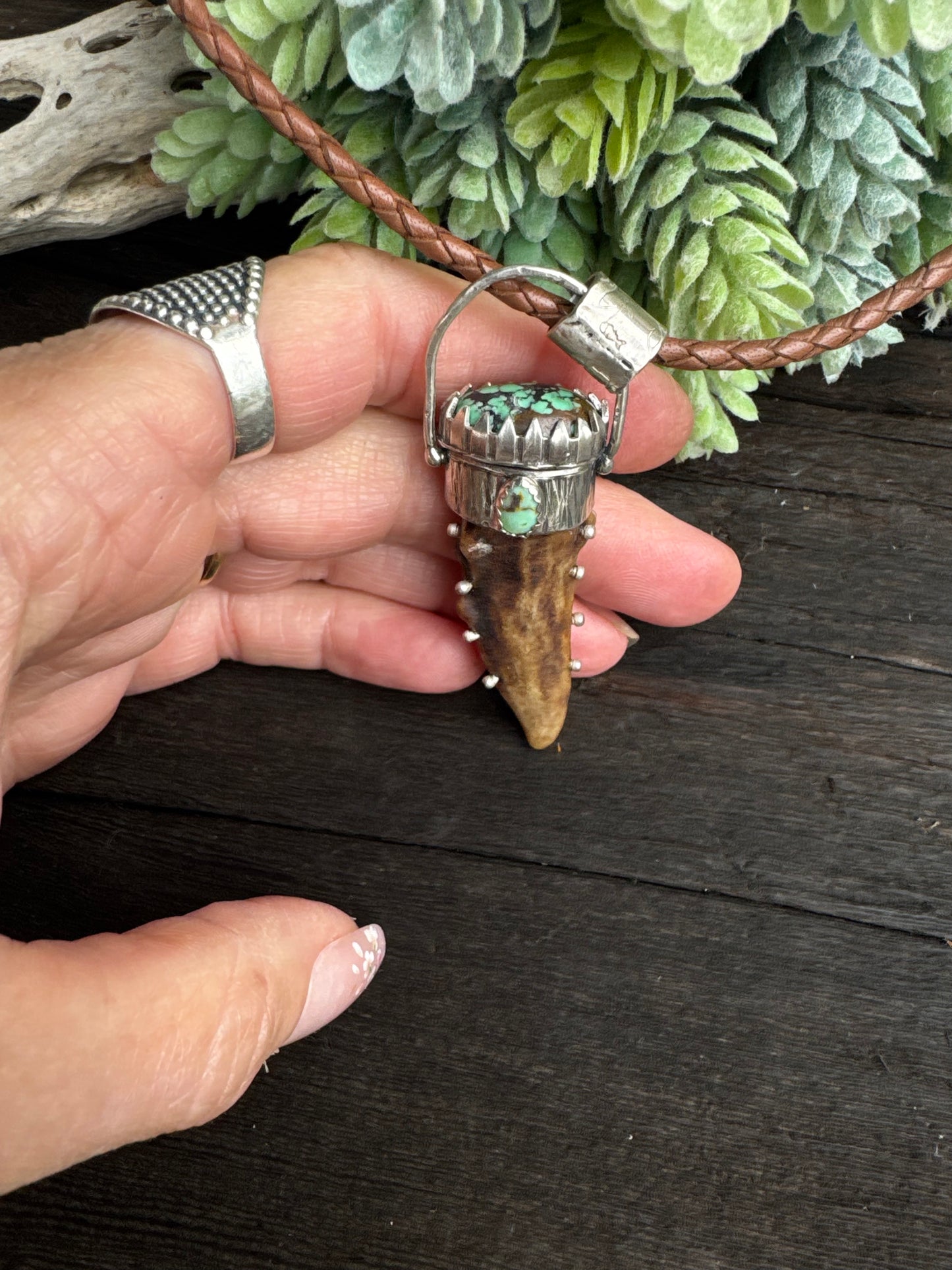 Turquoise And Sterling Antler Pendant