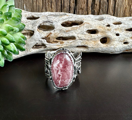 Rhodochrosite Everly Ring - Recycled And Reticulated Sterling Silver Hand forged Ring