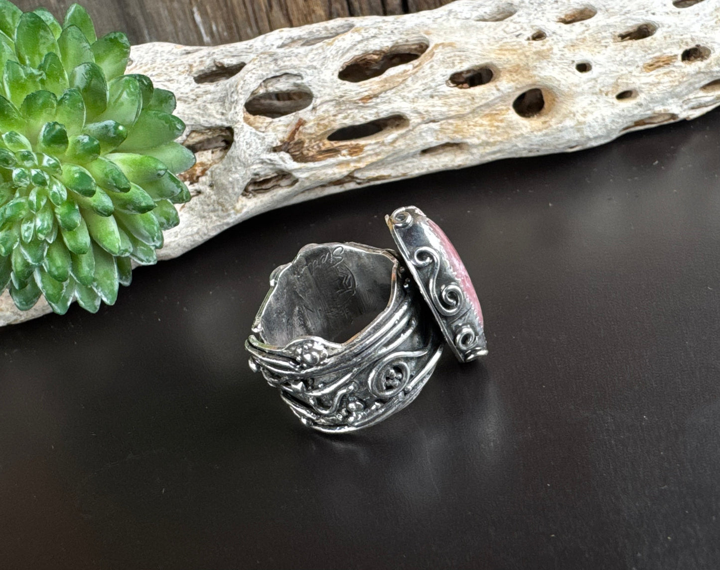 Rhodochrosite Everly Ring - Recycled And Reticulated Sterling Silver Hand forged Ring