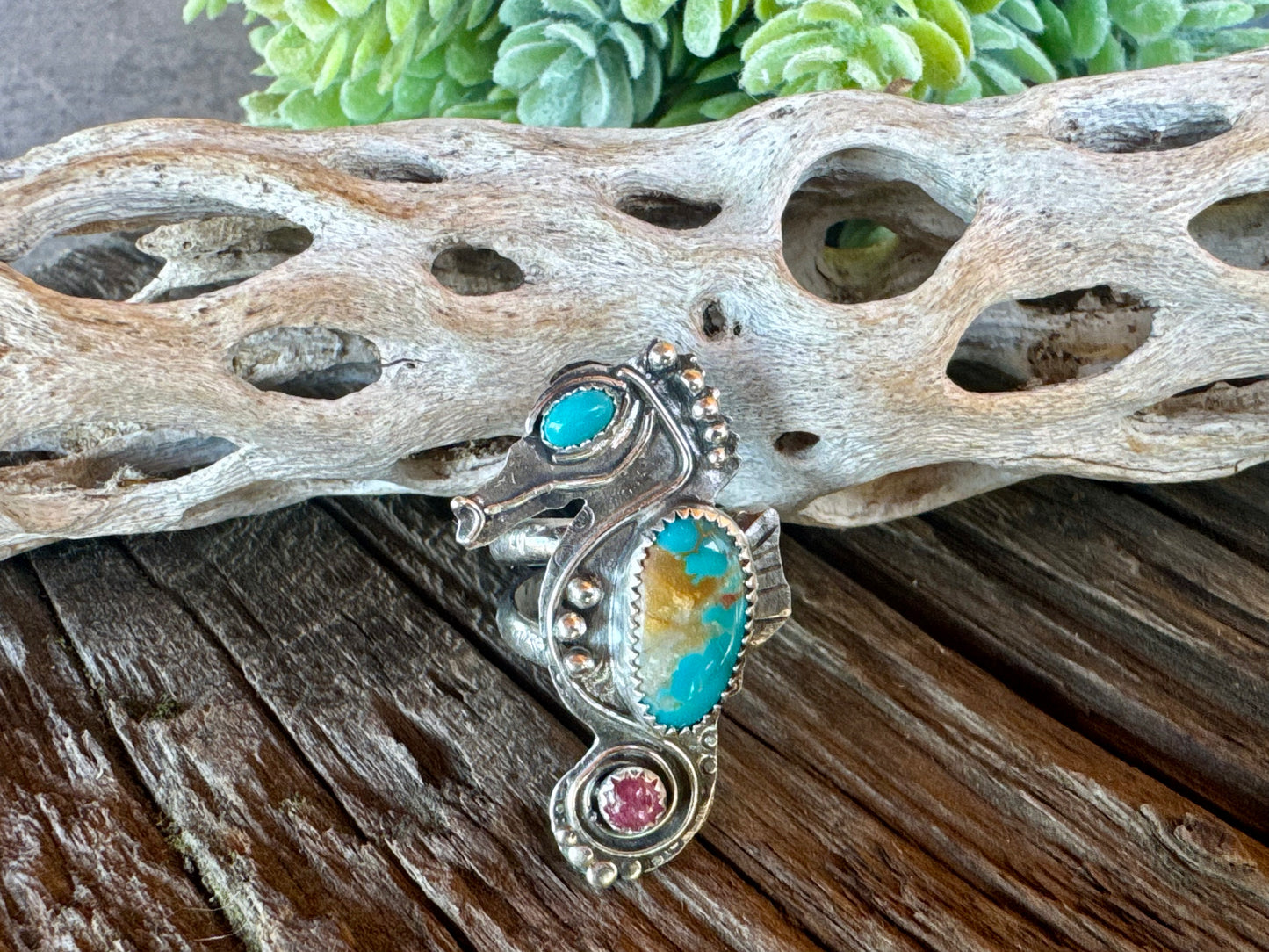 Turquoise Tide-Pool Cowgirl Ring - Seahorse Ring With Turquoise And Tourmaline