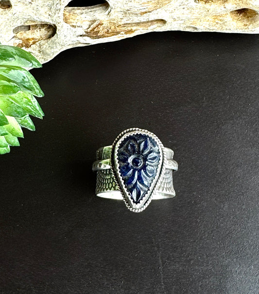 Sapphire Rose Spinner Ring - Blue Hand Carved Sapphire And Recycled Sterling Silver.