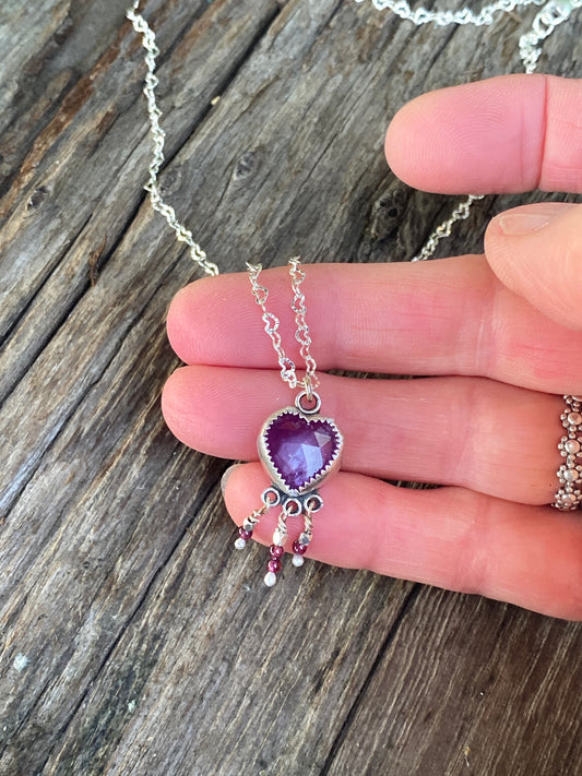 Sacred Heart Necklace - Pink Sapphire, Garnets And Sterling Silver