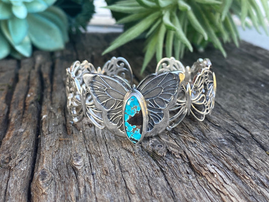 Sterling Silver Butterfly With Kingman Turquoise Cuff Bracelet