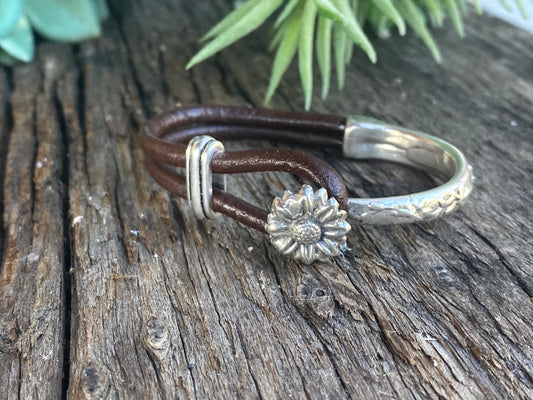 Sterling Silver Sunflower 1/2 Cuff Bracelet With Kangaroo Leather.