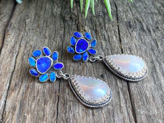 Australian Blue Opal Doublets And Freshwater Pearl Drop Earrings In Sterling Silver
