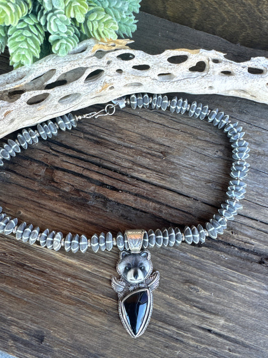 The Night Prowler Necklace- Sterling Silver, Agate, Water Buffalo Bone & Mr. Racoon