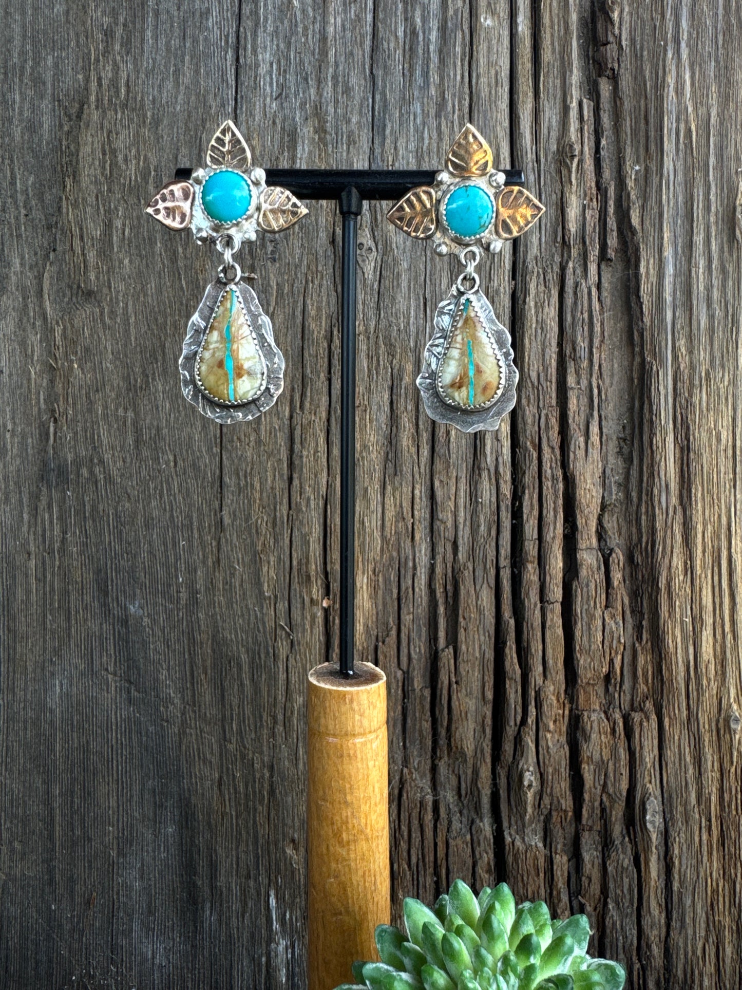 Royston Ribbon Turquoise Autumn Earrings Mixed Metal - Sterling Silver & 14k Gold- Filled.