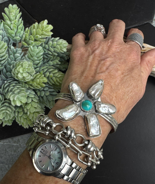 Freshwater Flower Power Pear And Turquoise Sterling Cuff