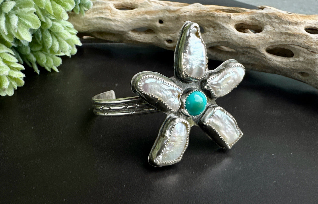Freshwater Flower Power Pear And Turquoise Sterling Cuff
