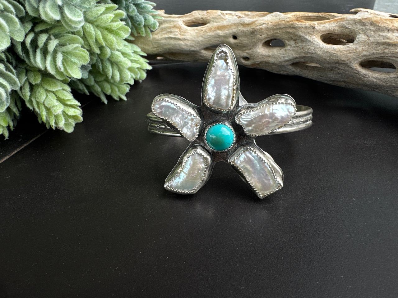 Freshwater Flower Power Pear And Turquoise Sterling Cuff