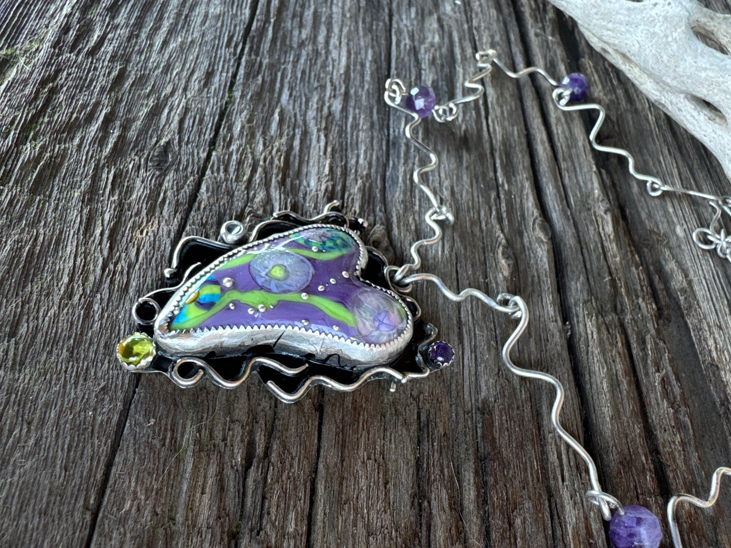 Color My World Necklace - Sterling Silver Lampwork Glass Heart With Peridot And Amethyst
