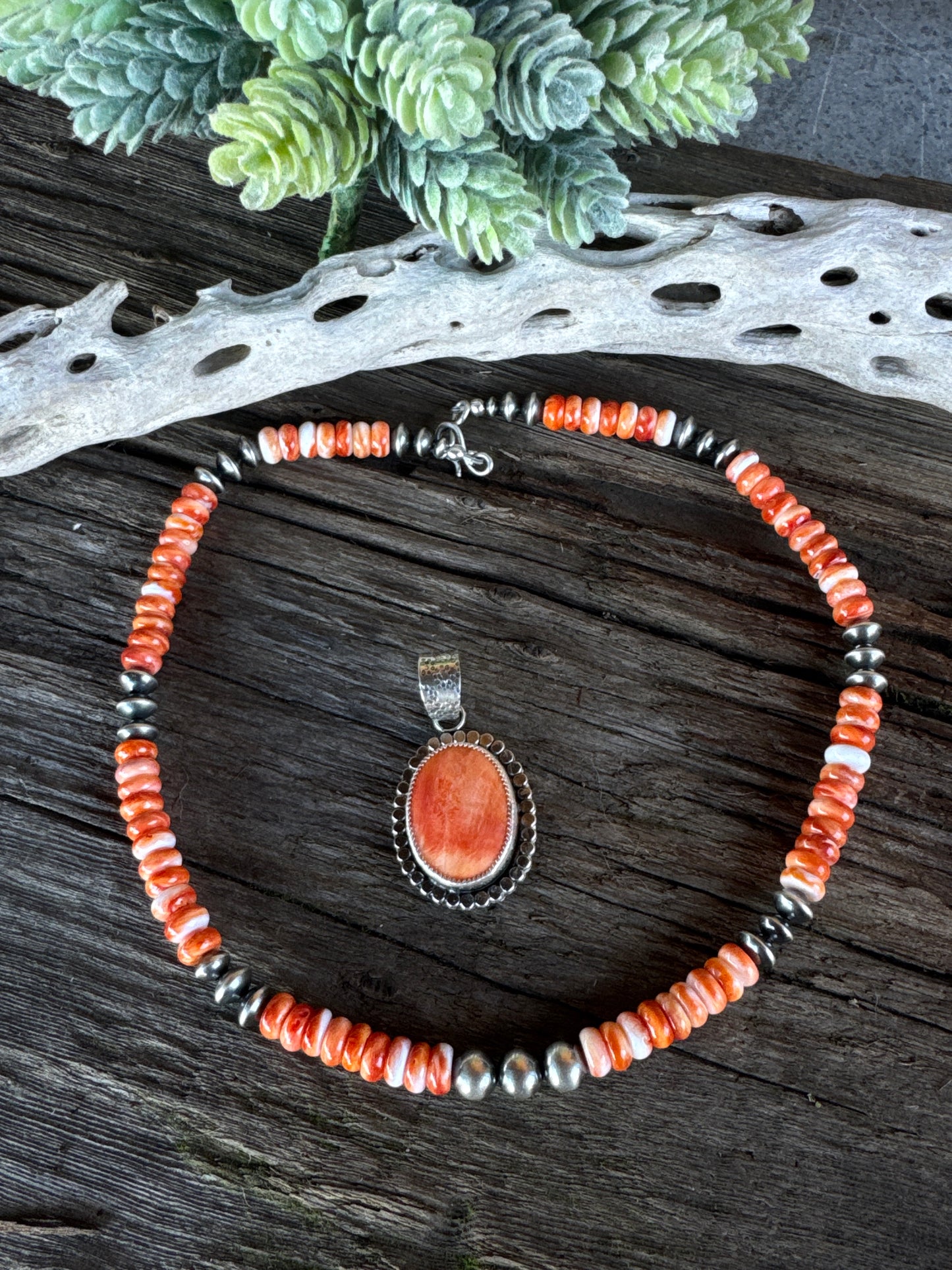 Desert Sunset Necklace - Sterling Silver And Spiney Oyster Oyster Shell Navajo Pearls