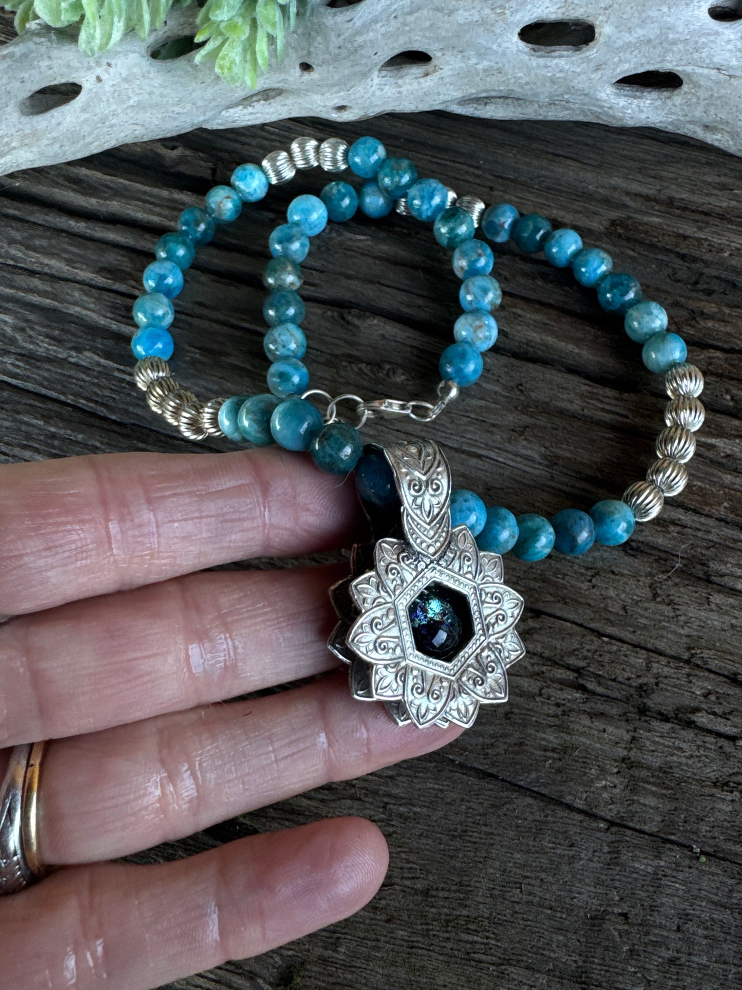 Into The Deep Necklace - Dichroic Glass Sterling Silver Shadow Box Pendant With Appetite And Sterling Silver Beaded Chain