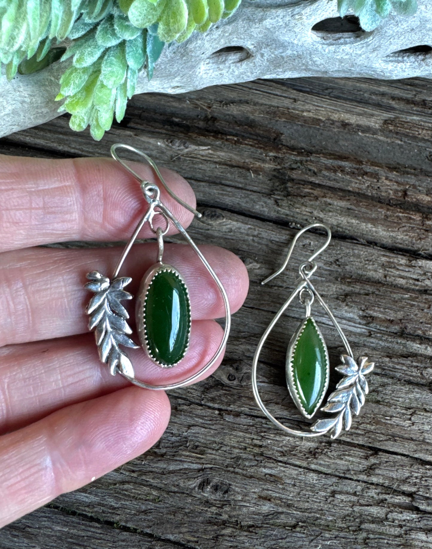 Forest Walk Earrings - Sterling Silver Fern Nephrite Jade