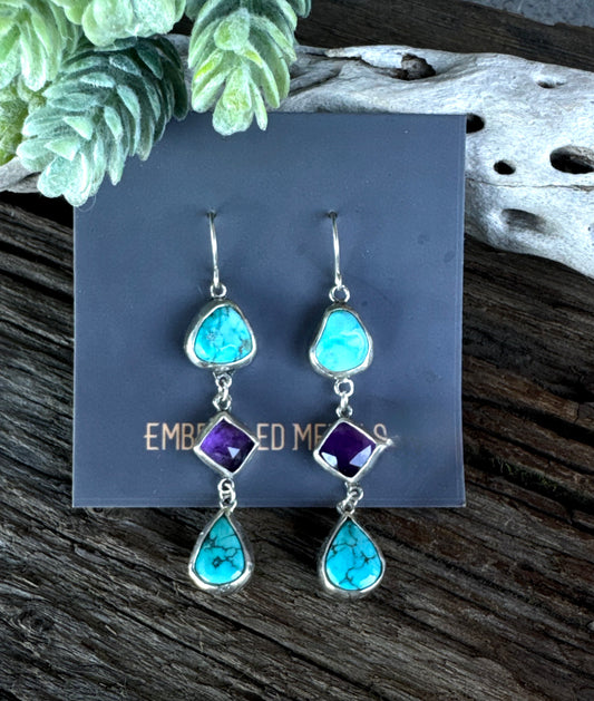Desert Twilight Earrings - Sterling Silver Turquoise And Amethyst Triple Drop Earrings