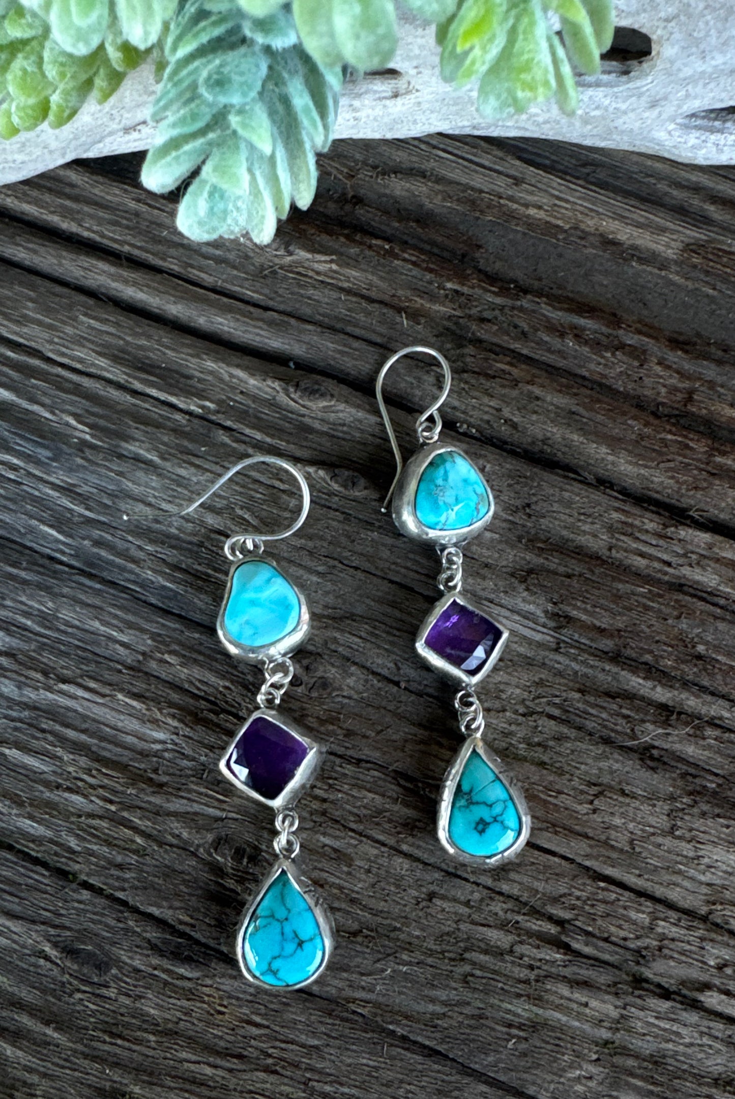 Desert Twilight Earrings - Sterling Silver Turquoise And Amethyst Triple Drop Earrings