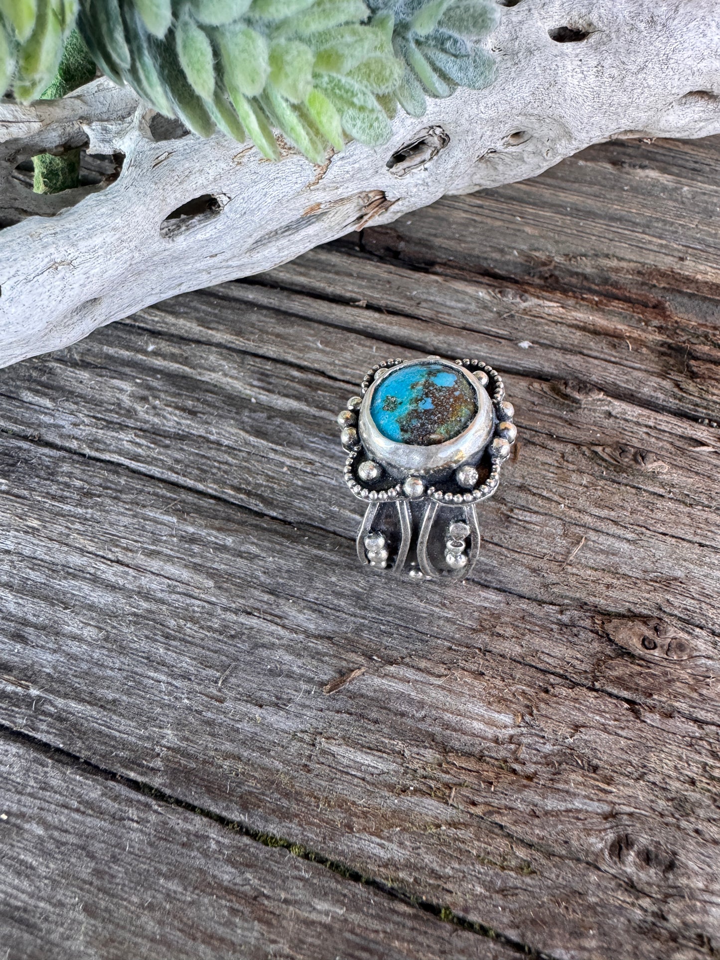 Desert Flower Ring - Kingman Turquoise And Sterling Silver Artisan Style