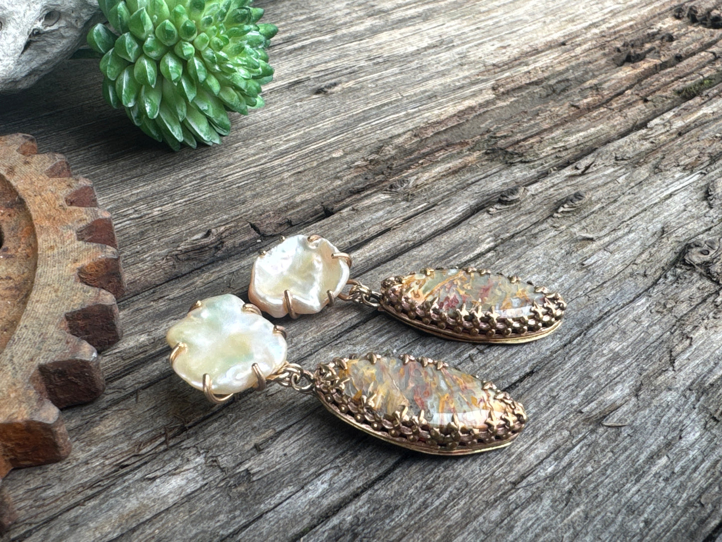 Desert Sunset Pearl Earrings - 14k Gold Filled Freshwater Peach Pearls And Rattlesnake Jasper Drop Earrings