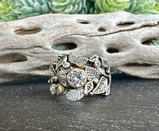 Garden of Eden Ring, Sterling Silver & 14k Yellow Gold With Moissanite