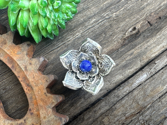 Sterling Lotus Flower Statement Ring with Lapis Center