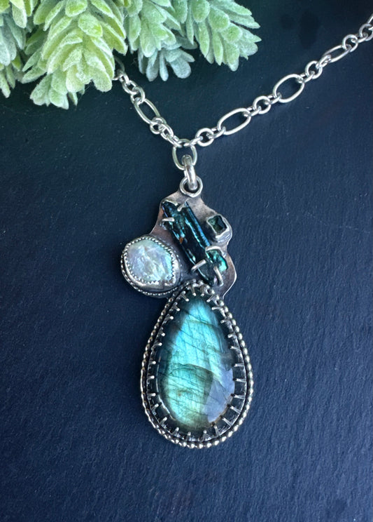The Mermaid Necklace - Sterling Silver Labradorite, Freshwater Pearls & Green Tourmaline Statement Necklace