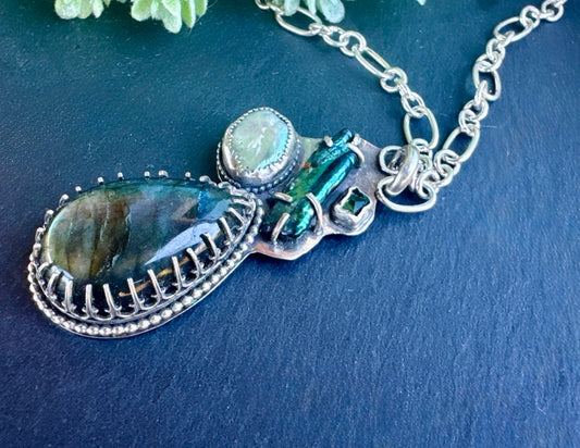 The Mermaid Necklace - Sterling Silver Labradorite, Freshwater Pearls & Green Tourmaline Statement Necklace