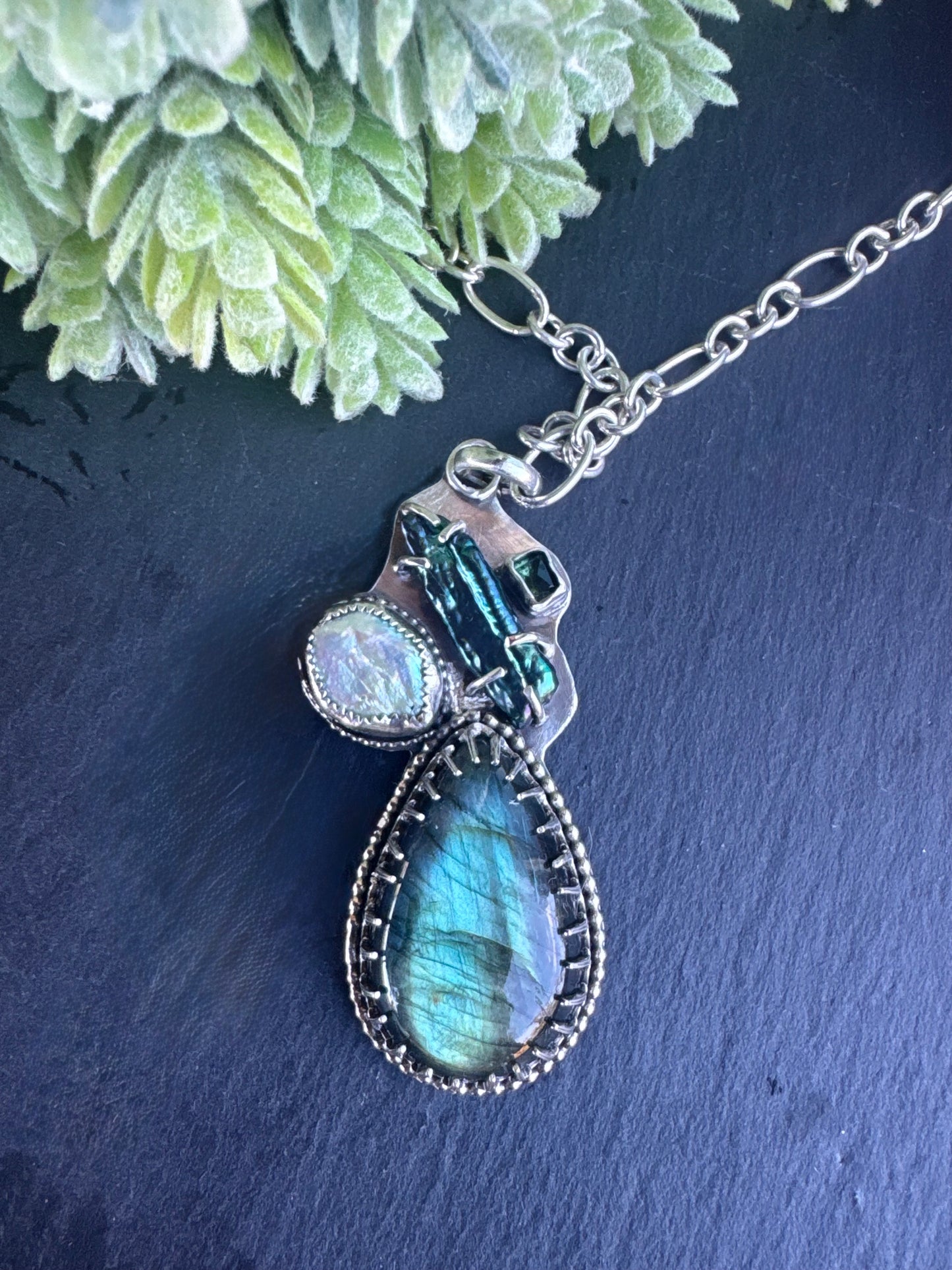 The Mermaid Necklace - Sterling Silver Labradorite, Freshwater Pearls & Green Tourmaline Statement Necklace