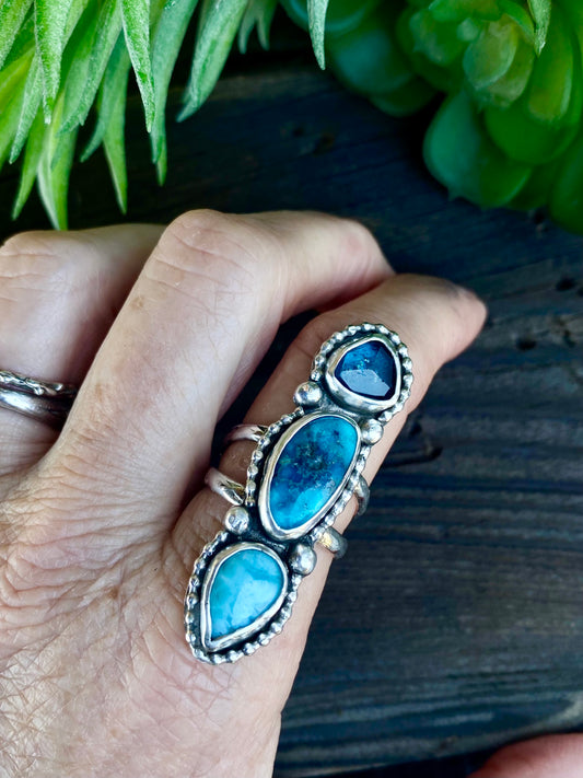 Sterling Silver Triple Stone Totem Ring - Turquoise, Larimar And Kyanite