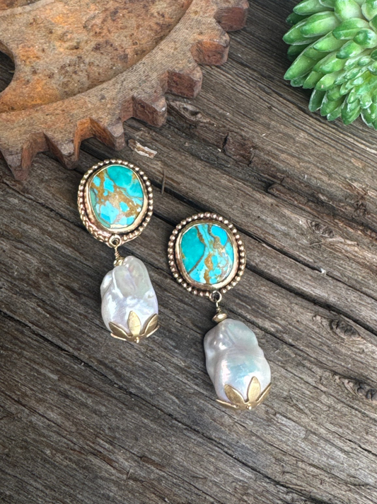Turquoise Treasure Pearl Earrings - 14k Gold-Filled Kingman Turquoise And Baroque Freshwater Pearl Drop Earrings