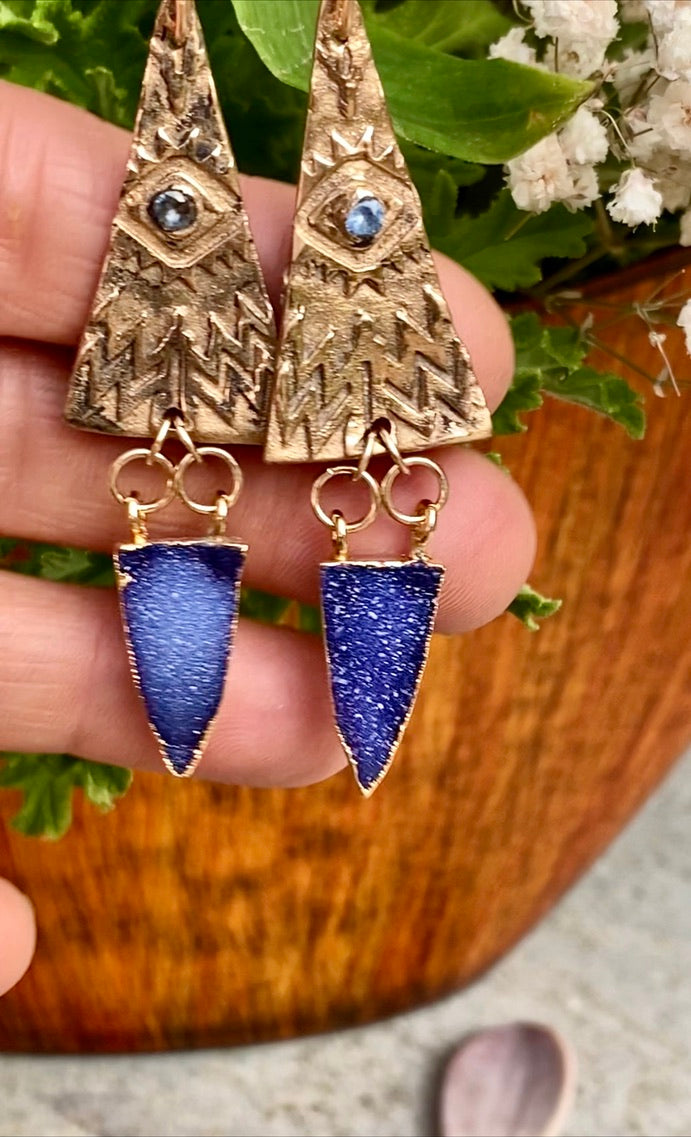 Amethyst Druzy And Gold Bronze Hieroglyphic Textured Earrings