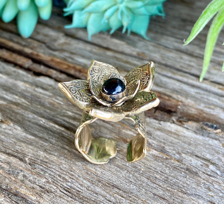 gold lotus flower power statement ring