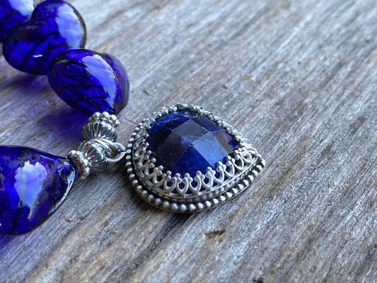 Sterling Silver Deep Blue Sodalite And Hand Blown Glass Necklace