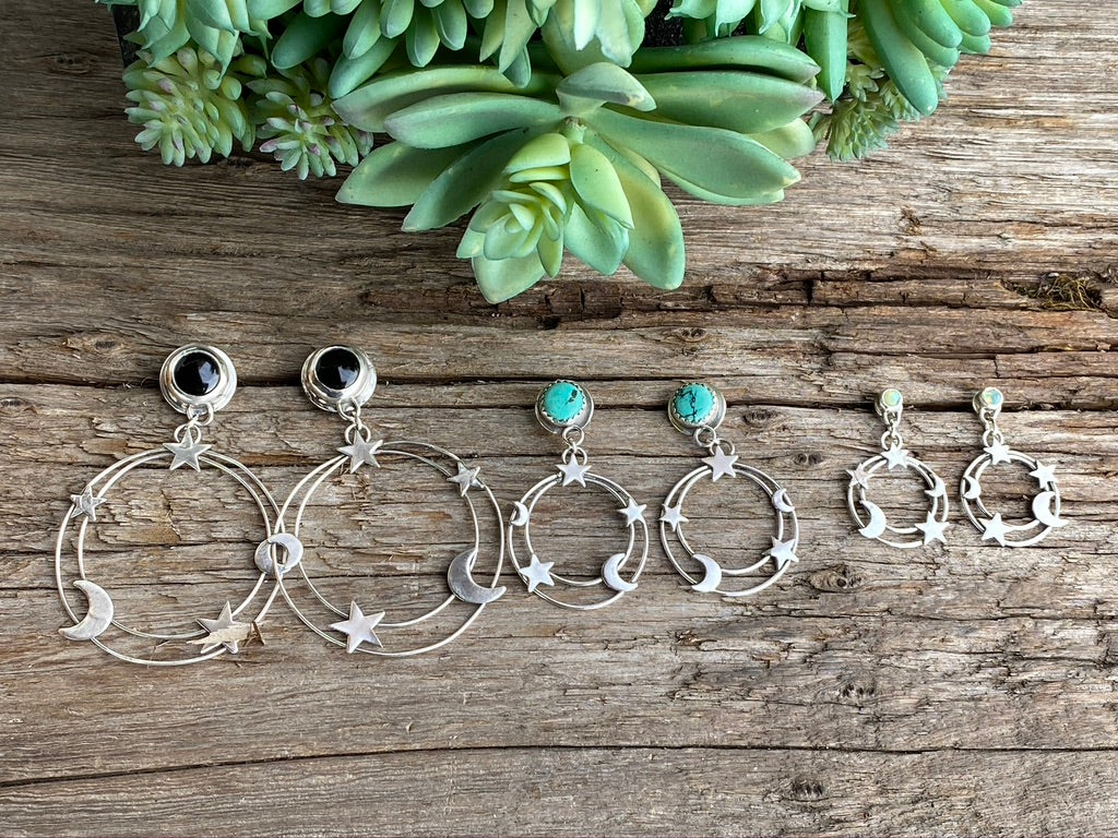 Small Kingman Turquoise And Sterling Star And Moon Galaxy Earrings