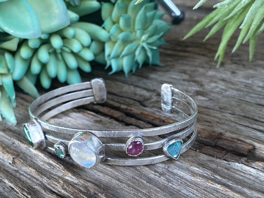 Multiple Gemstone And Sterling Silver Cuff Bracelet With Rainbow Moonstone, Pink And Green Tourmaline, Florite, Emerald - Voice Of The Ocean Cuff