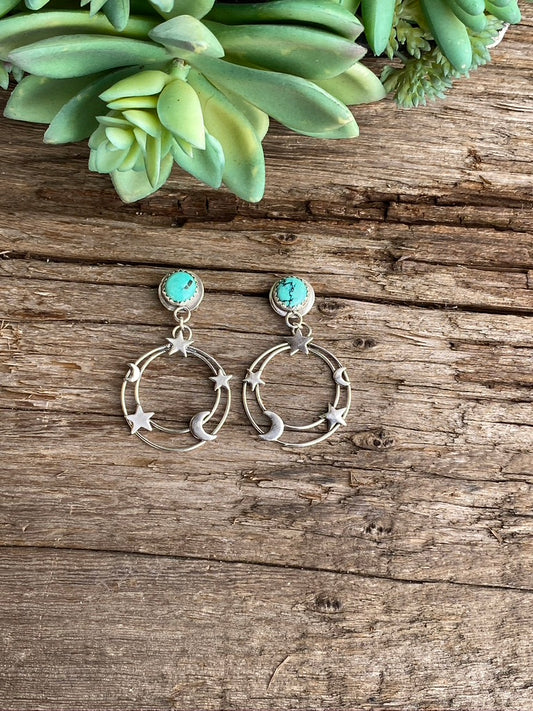 Small Kingman Turquoise And Sterling Star And Moon Galaxy Earrings