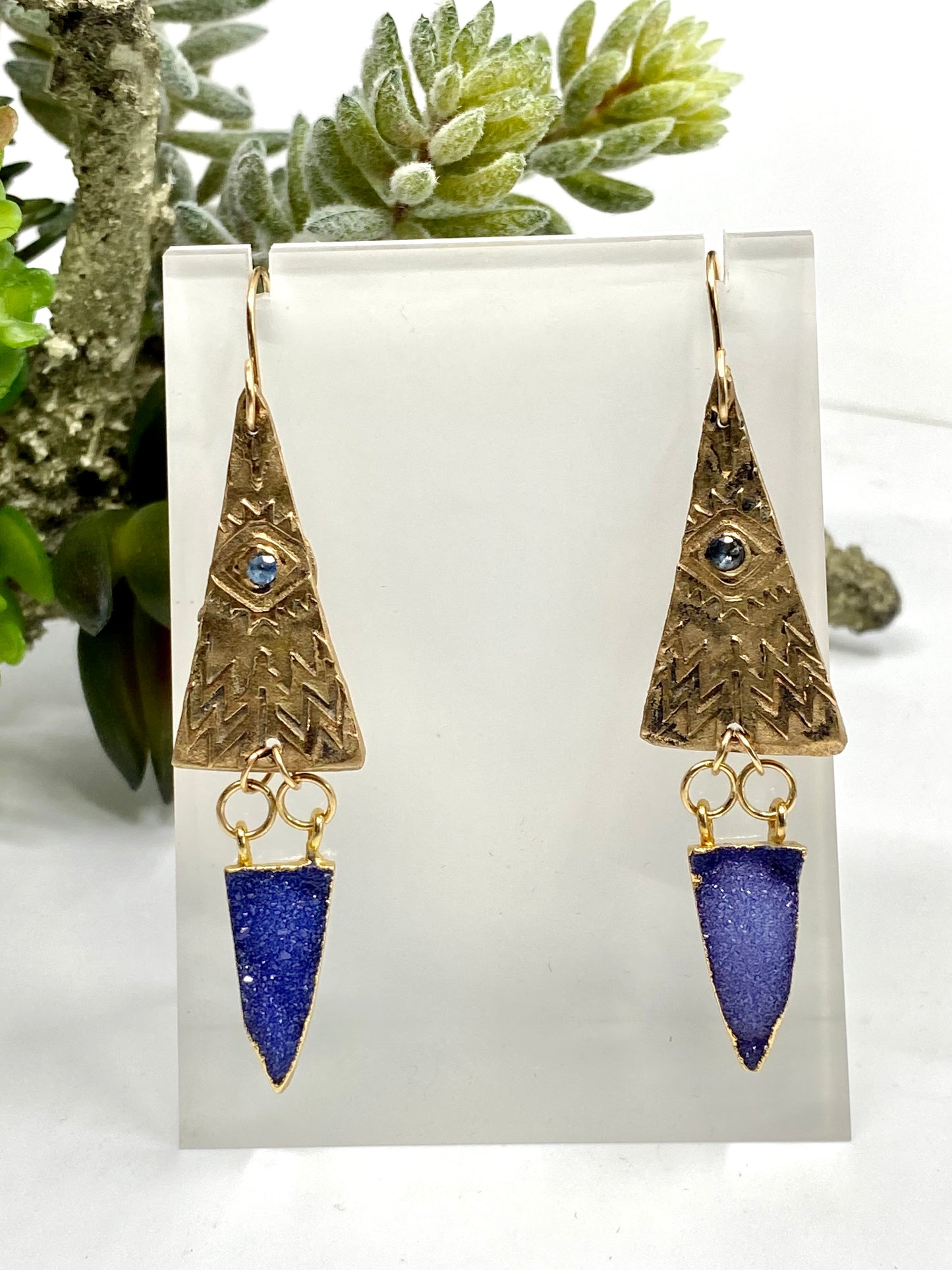 Amethyst Druzy And Gold Bronze Hieroglyphic Textured Earrings