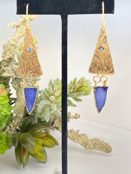 Amethyst Druzy And Gold Bronze Hieroglyphic Textured Earrings