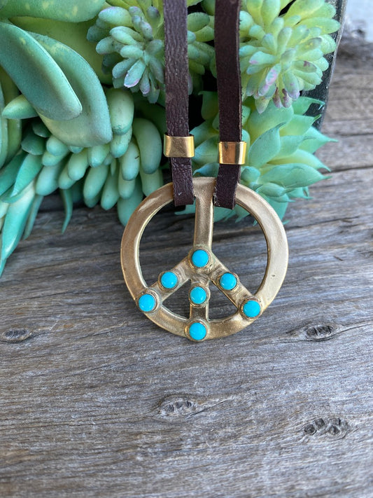 Gold Bronze And Turquoise PEACE Sign Choker Pendant On Brown Leather With 14k Gold Fill